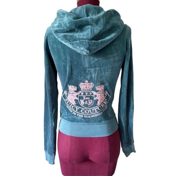 Juicy Couture Y2K Velour Hooded Full Zip Teal Jacket size S - Picture 2 of 10